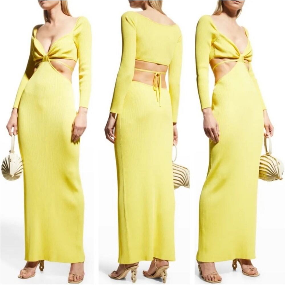 Yellow Twist-Cutout Long Sleeve Maxi Dress